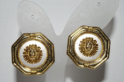 +MBA #94-150  "Vintage Fancy Goldtone Sun Face Clip On Earrings"