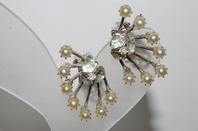 +MBA #94-274  "Vintage Silvertone Faux Pearl & Rhinestone Clip On Earrings"
