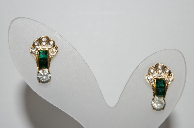"HOLD" MBA #94-198  "Vintage Goldtone Green & Clear Crystal Rhinestone Pierced Earrings"