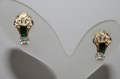 "HOLD" MBA #94-198  "Vintage Goldtone Green & Clear Crystal Rhinestone Pierced Earrings"