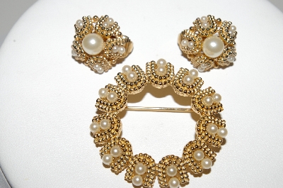 +MBA #94-096  "Vintage Gold Plated Faux Pearl Pin & Clip On Earring Set