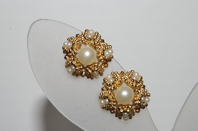 +MBA #94-096  "Vintage Gold Plated Faux Pearl Pin & Clip On Earring Set