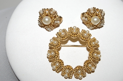 +MBA #94-096  "Vintage Gold Plated Faux Pearl Pin & Clip On Earring Set
