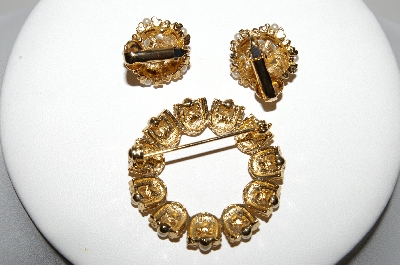 +MBA #94-096  "Vintage Gold Plated Faux Pearl Pin & Clip On Earring Set