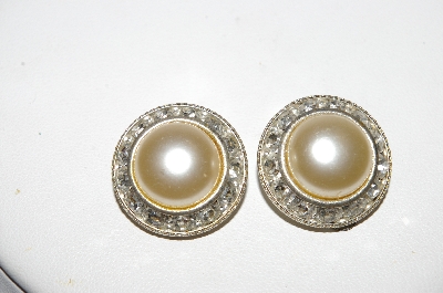 +MBA #94-113  "Vintage Silvertone Faux Pearl & Rhinestone Clip On Earrings"
