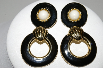 +MBA #94-101  "Lot Of (2) Pairs Of Goldtone Black Enameled Pierced Earrings"