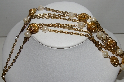 +MBA #94-055  "Casual Cornor Goldtone Faux Pearl Three Stand Necklace"