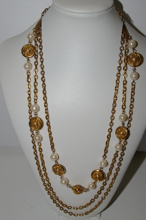 +MBA #94-055  "Casual Cornor Goldtone Faux Pearl Three Stand Necklace"