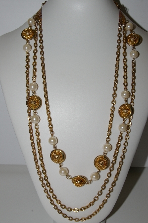 +MBA #94-055  "Casual Cornor Goldtone Faux Pearl Three Stand Necklace"
