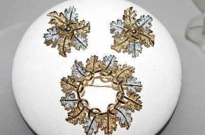 +MBA #94-208  "Sarah Coventry Two Tone Leaf Pin & Clip On Earring Set"