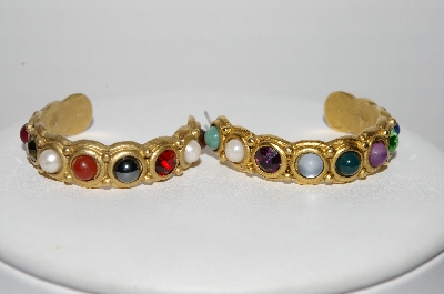 +MBA #94-075  "Vintage Goldtone Multi Colored Stone Hoop Style Pierced Earrings"