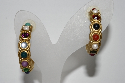 +MBA #94-075  "Vintage Goldtone Multi Colored Stone Hoop Style Pierced Earrings"