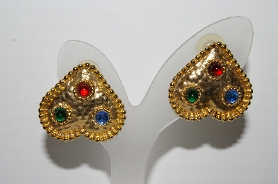 +MBA #94-014  "Vintage Goldtone Multi Colored Stone Upside Down Heart Shaped Pierced Earrings"