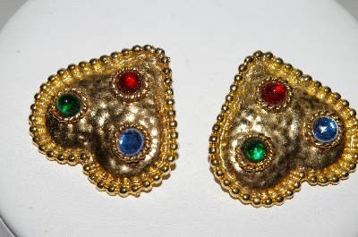 +MBA #94-014  "Vintage Goldtone Multi Colored Stone Upside Down Heart Shaped Pierced Earrings"