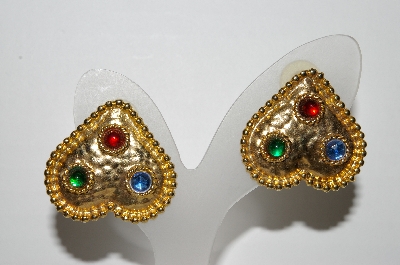 +MBA #94-014  "Vintage Goldtone Multi Colored Stone Upside Down Heart Shaped Pierced Earrings"