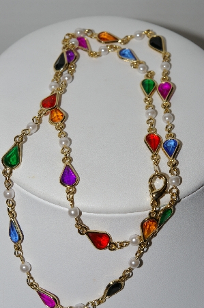 +MBA #93-003  "Vintage Goldtone Multi Colored Acrylic Stone & Faux Pearl Necklace"
