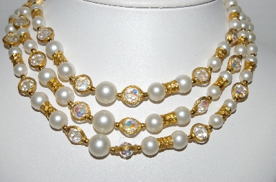 +MBA #92-057  "Vintage Goldtone 3 Strand  Faux Pearl  & AB Crystal Beads  Necklace"