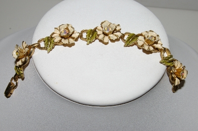 +MBA #93-015  "Coro Goldtone Floral Enameled & AB Rhinestone Bracelet"