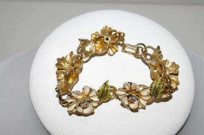 +MBA #93-015  "Coro Goldtone Floral Enameled & AB Rhinestone Bracelet"