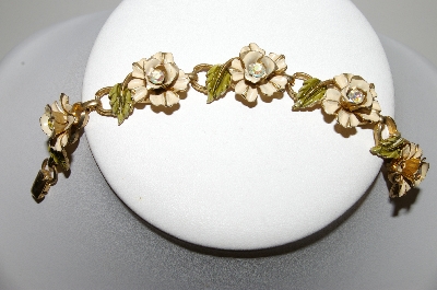 +MBA #93-015  "Coro Goldtone Floral Enameled & AB Rhinestone Bracelet"