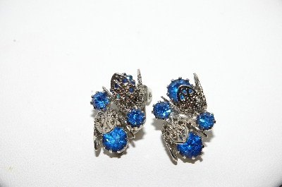 +MBA #98-284  "Vintage Silvertone Fancy Blue Rhinestone Clip On Earrings"