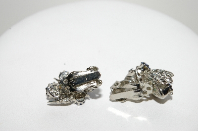 +MBA #98-284  "Vintage Silvertone Fancy Blue Rhinestone Clip On Earrings"