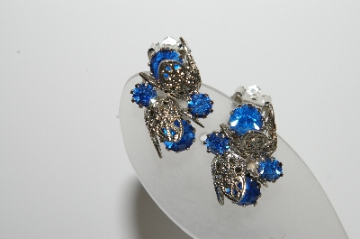 +MBA #98-284  "Vintage Silvertone Fancy Blue Rhinestone Clip On Earrings"