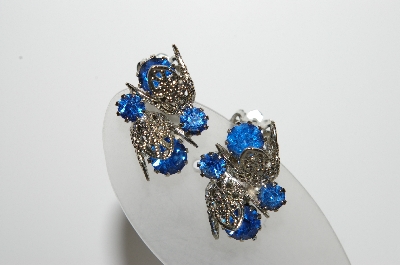 +MBA #98-284  "Vintage Silvertone Fancy Blue Rhinestone Clip On Earrings"
