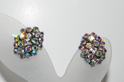 +MBA #98-179  "Vintage Antiqued Silvertone AB Crystal Rhinestone Clip On Earrings"