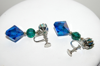 +MBA #98-243  "Vintage Silvertone Peacock Colored Glass Bead Earrings"