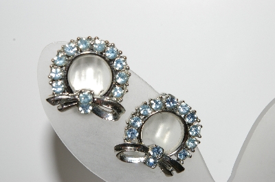 +MBA #98-109  "Vintage Silvertone Blue Rhinestone Wreath Clip On Earrings"