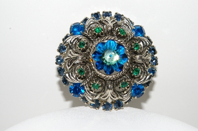 +MBA #98-033  "Vintage Silvertone Blue & Green Rhinestone Brooch"