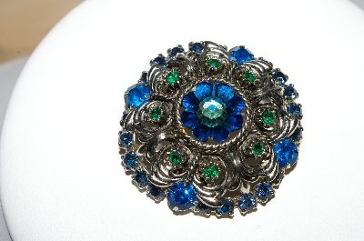 +MBA #98-033  "Vintage Silvertone Blue & Green Rhinestone Brooch"
