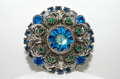 +MBA #98-033  "Vintage Silvertone Blue & Green Rhinestone Brooch"