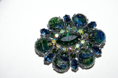+MBA #98-051  "Vintage Silvertone Art Glass, Dragons Breath Brooch With Green & Blue Rhinestones"
