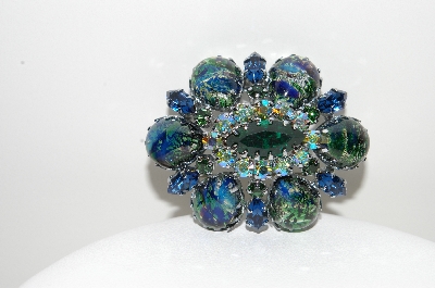 +MBA #98-051  "Vintage Silvertone Art Glass, Dragons Breath Brooch With Green & Blue Rhinestones"