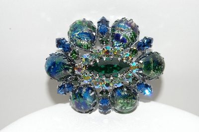 +MBA #98-051  "Vintage Silvertone Art Glass, Dragons Breath Brooch With Green & Blue Rhinestones"