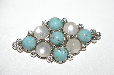 +MBA #98-097  "Vintage Silvertone Faux Turquoise & Moonstone Brooch"