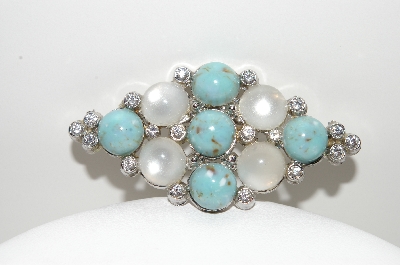 +MBA #98-097  "Vintage Silvertone Faux Turquoise & Moonstone Brooch"