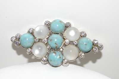 +MBA #98-097  "Vintage Silvertone Faux Turquoise & Moonstone Brooch"
