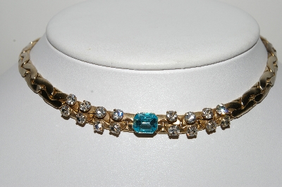 +MBA #98-300  "Kafin Of New York Goldtone Clear Rhinestones With Blue Center Stone Necklace"