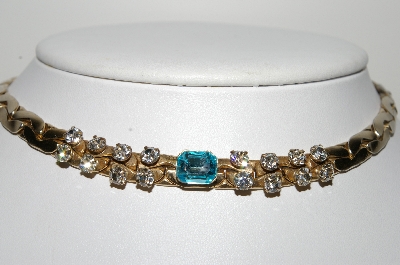 +MBA #98-300  "Kafin Of New York Goldtone Clear Rhinestones With Blue Center Stone Necklace"