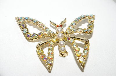 +MBA #98-023  "Vintage Goldtone AB Crystal Rhinestones & Faux Pearl Butterfly Pin"