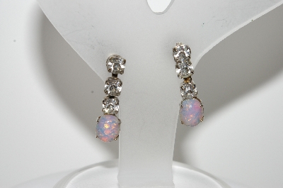 +MBA #98-027  "Vintage Silvertone Small Rhinestone & Glass Opal Screw Back Earrings"