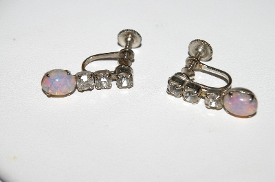 +MBA #98-027  "Vintage Silvertone Small Rhinestone & Glass Opal Screw Back Earrings"