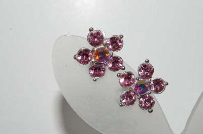 +MBA #98-117  "Vintage Silvertone Pink Crystal Rhinestone Clip On Earrings"