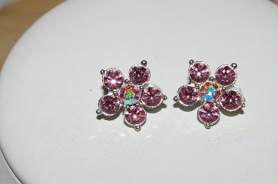 +MBA #98-117  "Vintage Silvertone Pink Crystal Rhinestone Clip On Earrings"