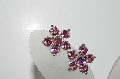 +MBA #98-117  "Vintage Silvertone Pink Crystal Rhinestone Clip On Earrings"
