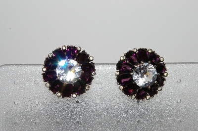 +MBA #98-313  "Vintage Goldtone Purple & Clear Glass Screw Back Earrings"