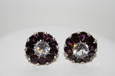 +MBA #98-313  "Vintage Goldtone Purple & Clear Glass Screw Back Earrings"
